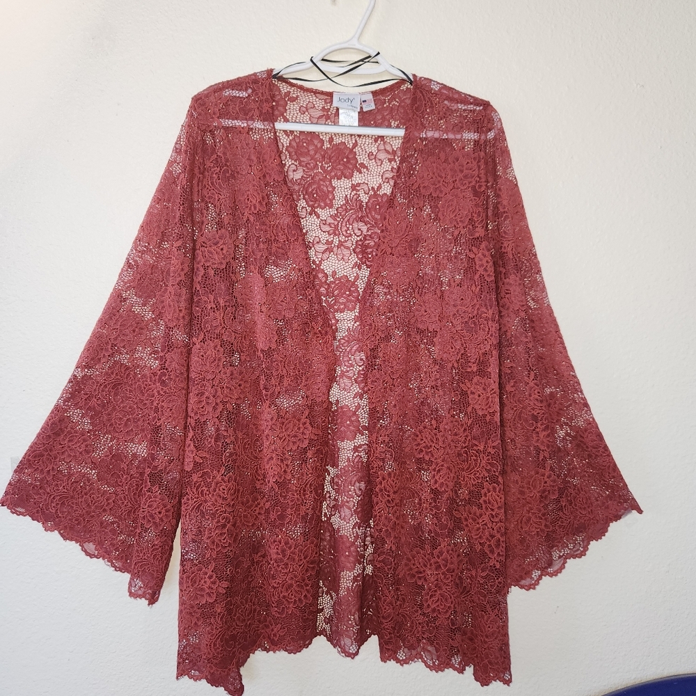 Jody California 90s Stretchy Lace Open Front  Cardigan Maroon Size XL Fairy